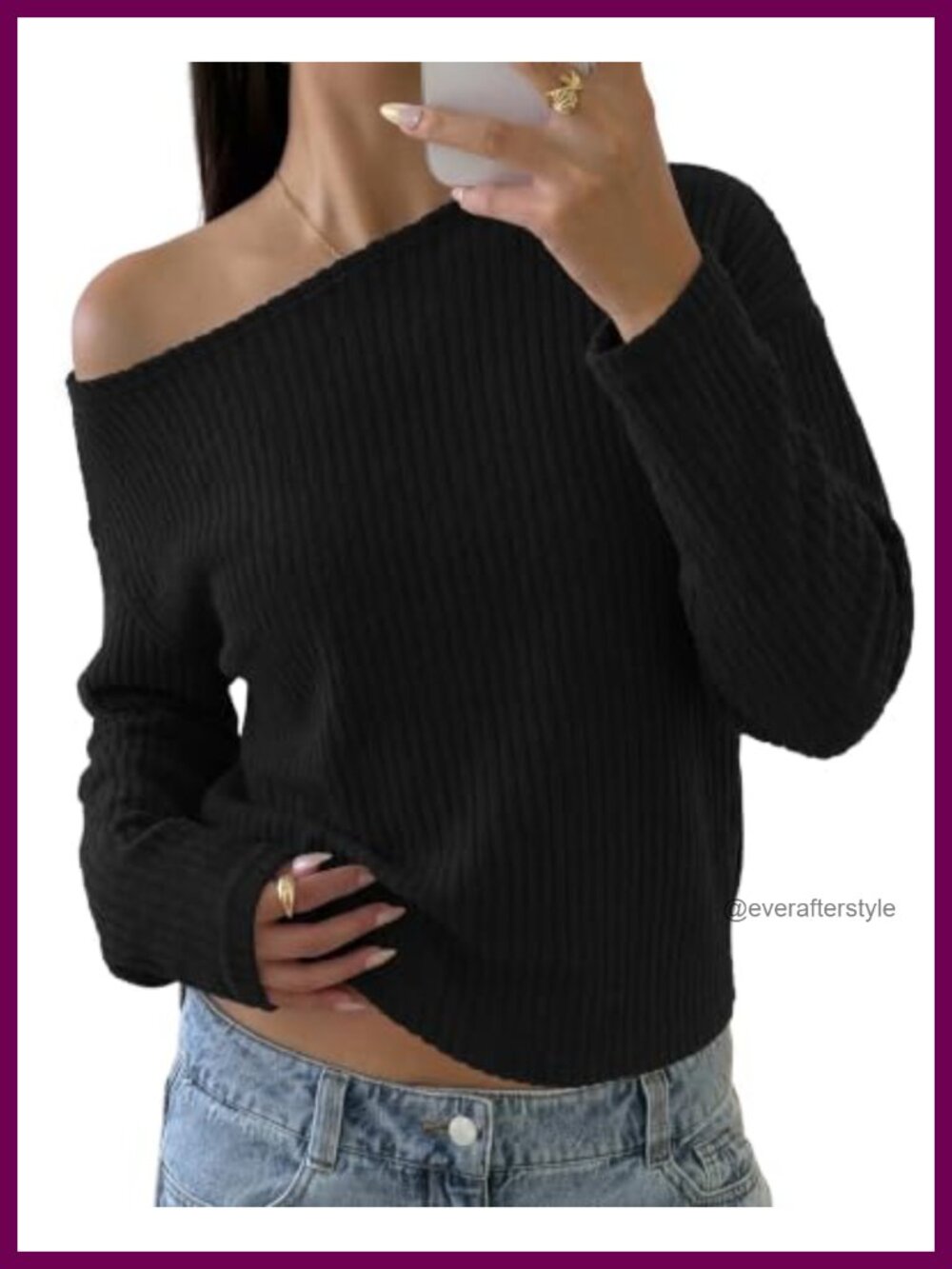 Off The Shoulder Rib Knit Sweater Asymmetrical Long Sleeve Top